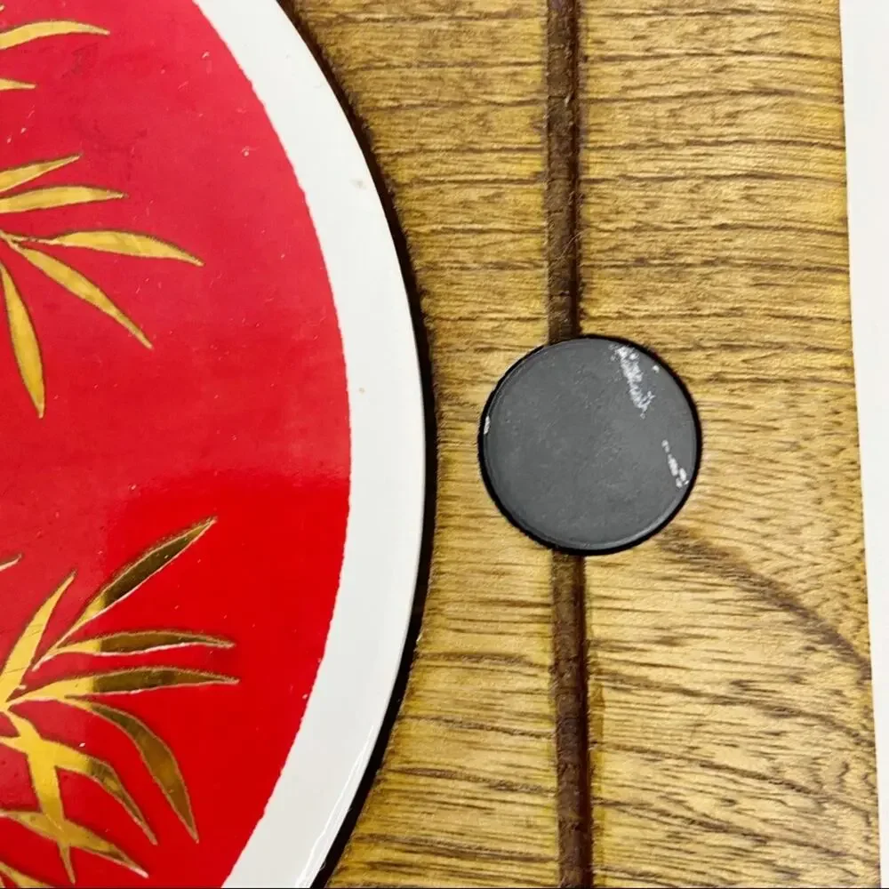 Fred Press | MCM Red & Gold Bamboo Ceramic Inlay Cheese Board Serving Tray